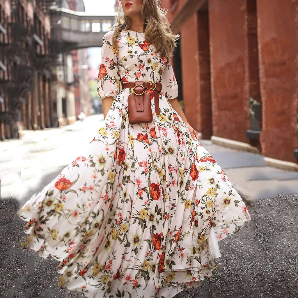 Spring Autumn Vintage Flower Floral Print Maxi Dress Maxi Dress Milanni Fashion White L CN