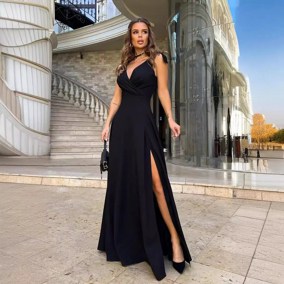 Women Party Maxi Dress Cross V-neck Bowknot Strap X-long Club Female Side Split Elegant Lady Long Dress Maxi Dress Milanni Fashion   