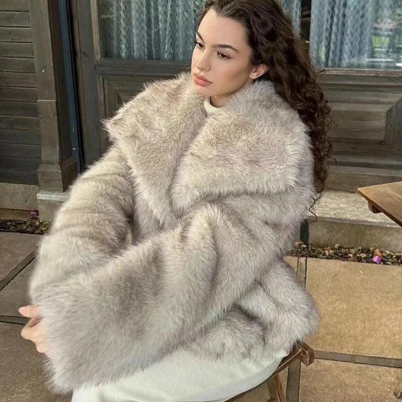 Fashion Gradient Fluffy Coat High Street Luxury Big Fur Collar Faux Fox Fur Jacket Elegant Winter Outerwear Milanni Fashion Grey M