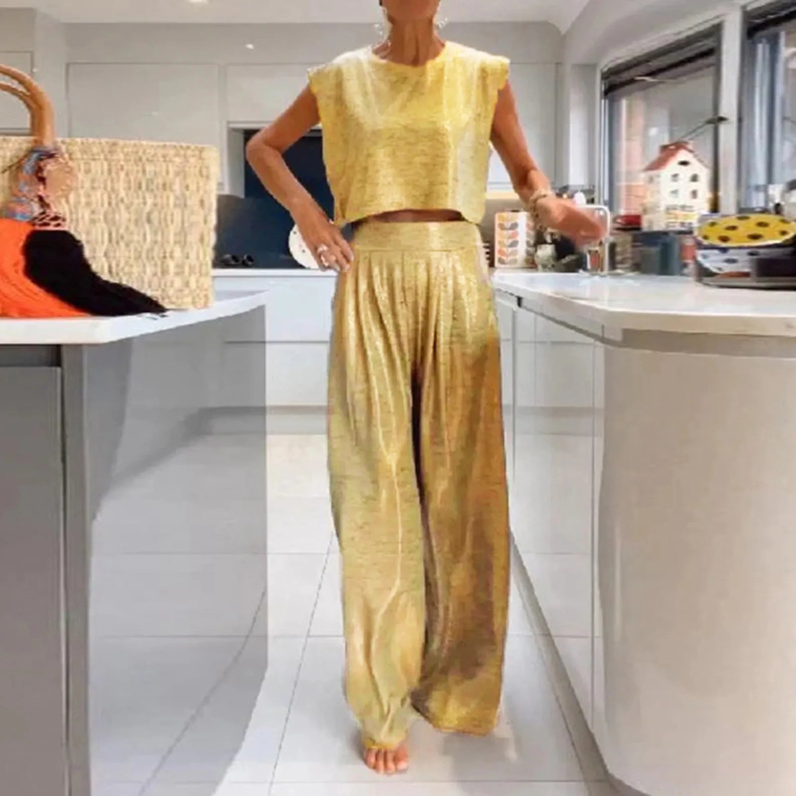 Women's Glossy 2-Piece Set Sleeveless Crop Vest & Wide-Leg Pants Casual Outfit Milanni Fashion Gold XL United States