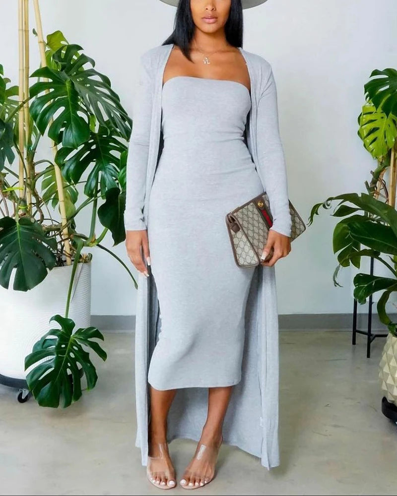 Solid Tube Bodycon Dress & Longline Coat Outfit New Autumn Fashion Women's 2-Piece Set  Milanni Fashion Gray XXXL 