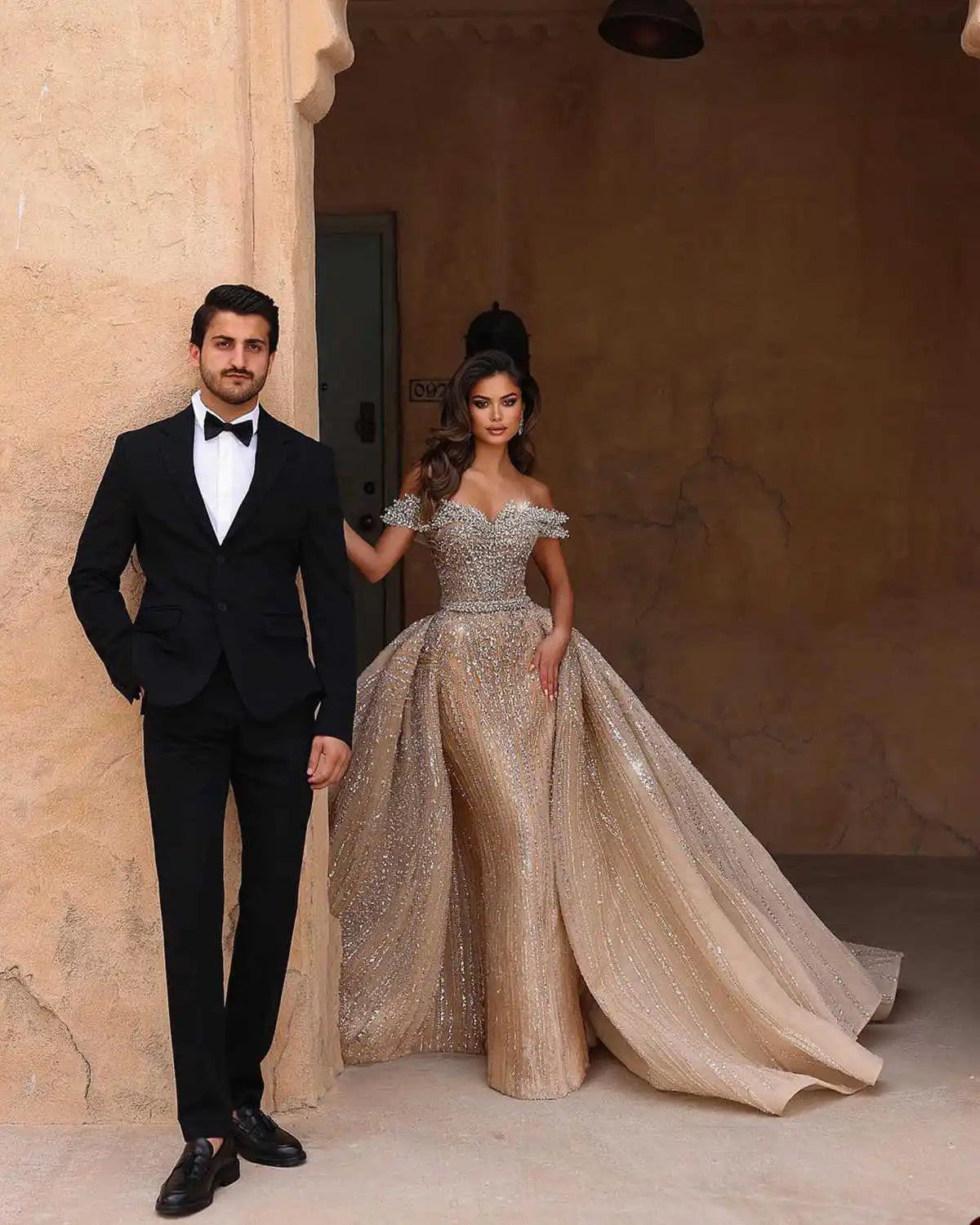 Luxurious Crystal Off Shoulder Bridal Gown Detachable Train Sequins Beading Bride Prom Dress Elegant Maxi Dress Milanni Fashion Champagne CHINA 14W