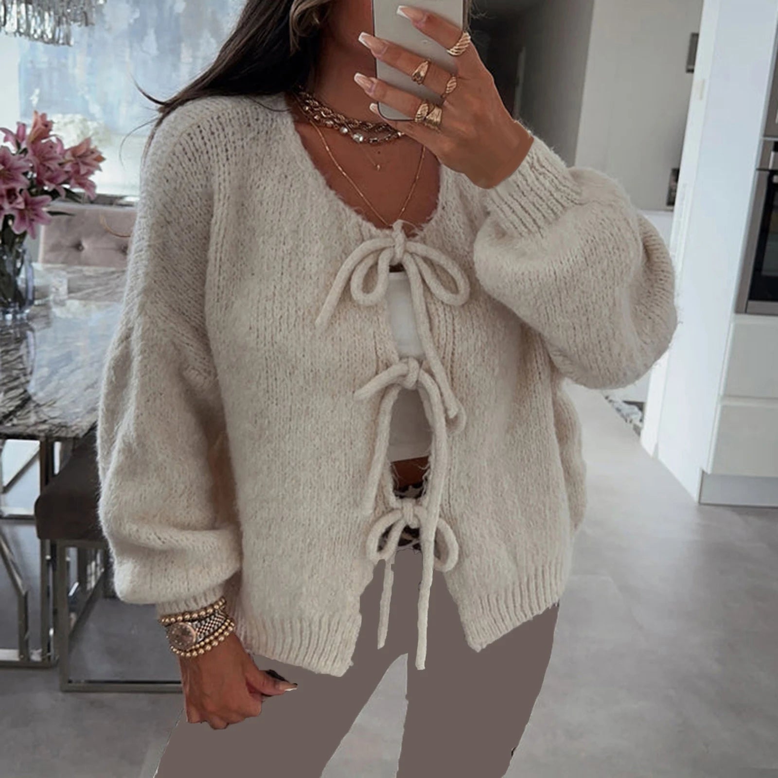 Women's Vintage Sweater Clothes Fall Tie Front Sweater Solid Color V-Neck Long Sleeve Loose Knitwear Soft Cardigan  Milanni Fashion   