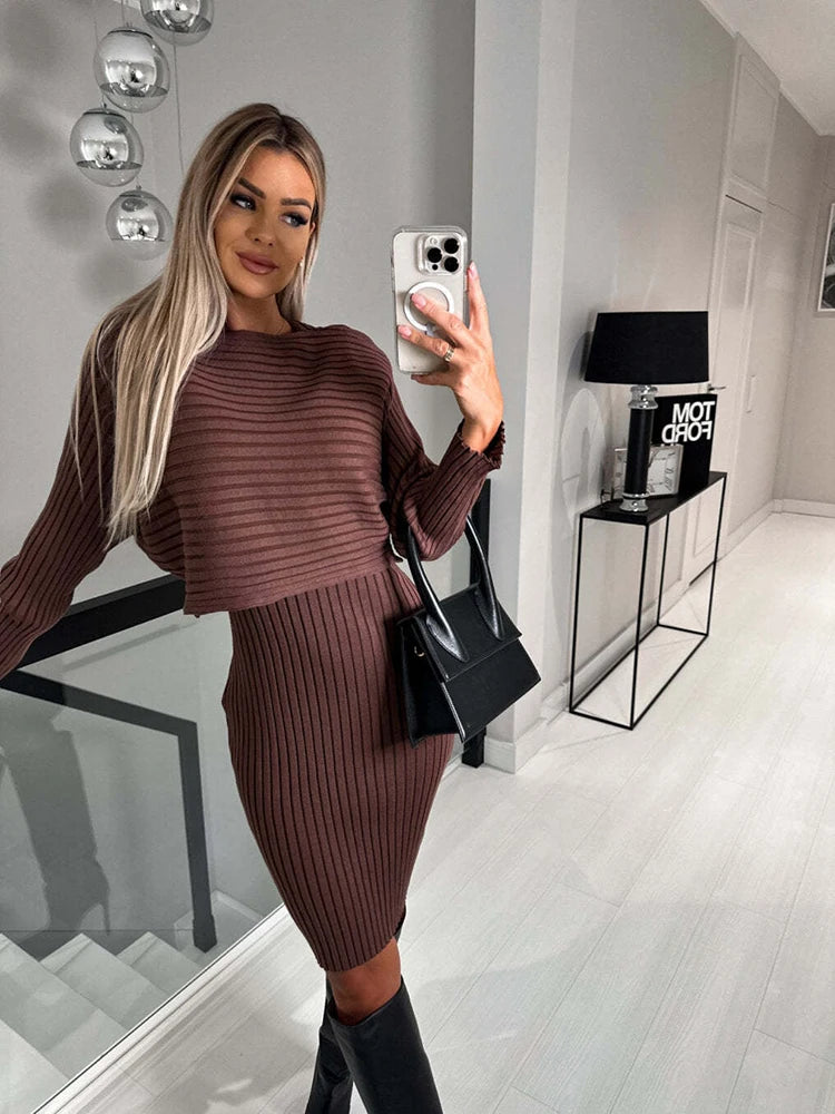 Fashion Long Sleeve Knitted Sweater And Dress Two Piece Set For Women  Milanni Fashion   