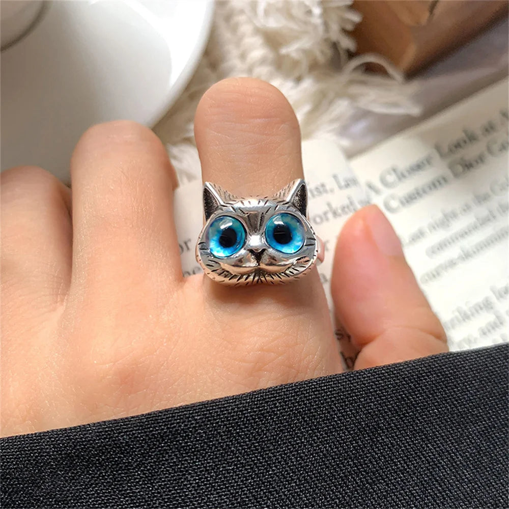 Cute Silver Alloy Cat Ring with Cat Eye Adjustable Opening for Women Trendy Jewelry Gift Milanni Fashion