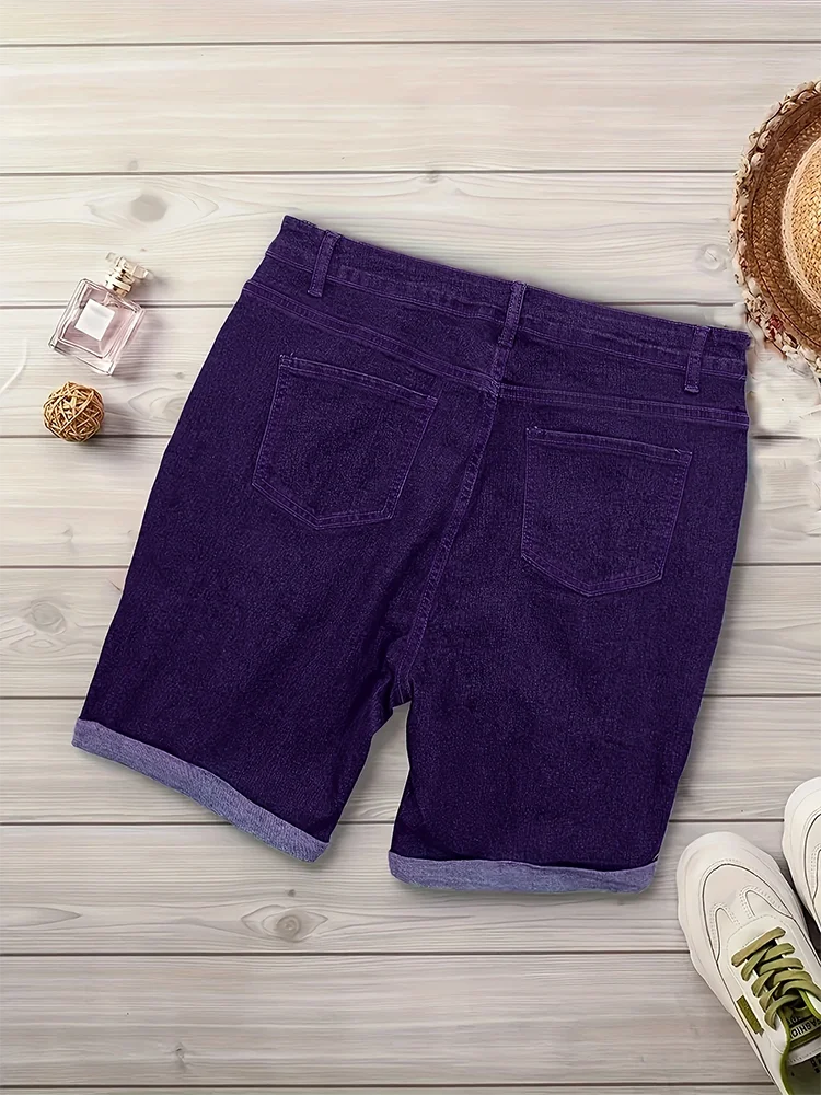 Curled Holes Denim Shorts Spring Summer Fashion Casual Solid Skinny Pencil Shorts Plus Size Mid Waist Stretchy Jeans Milanni Fashion