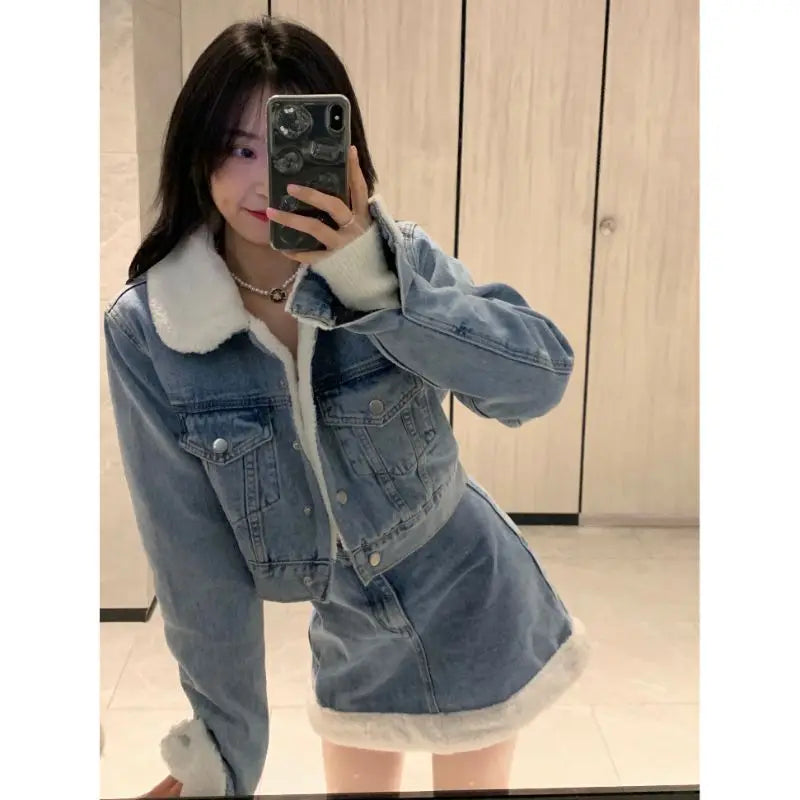 Lamb Wool Spliced Denim Coat Women's Short Sweet Cool Half Skirt Two-Piece Set Trendy Outfit Milanni Fashion