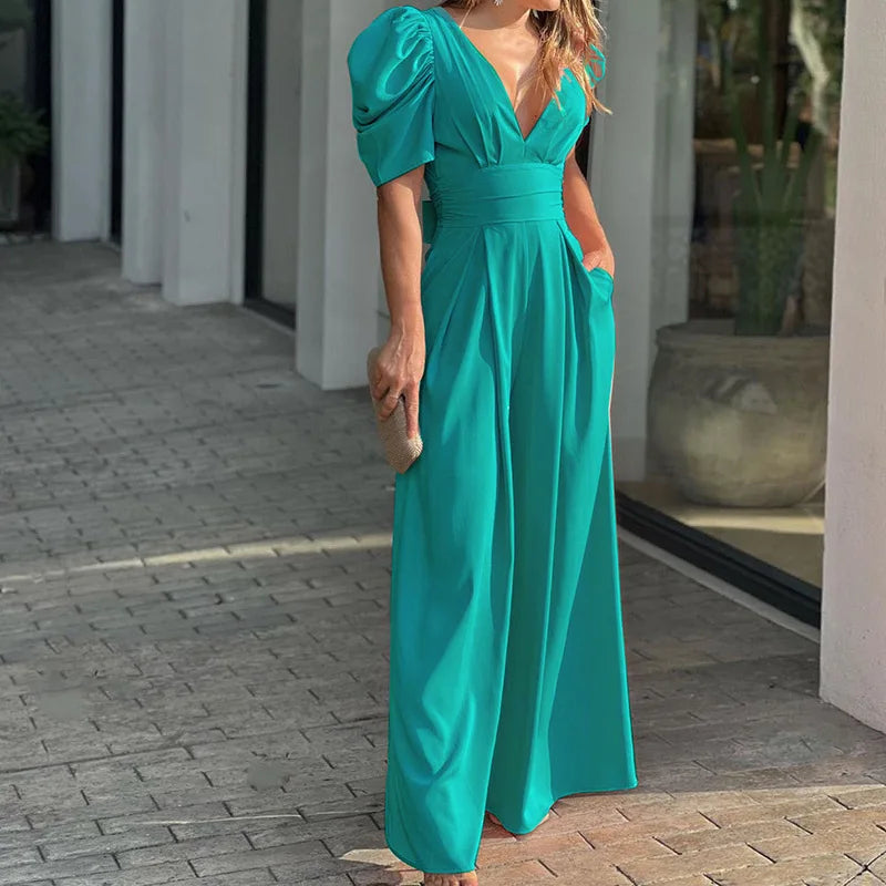 Elegant Chiffon Midi Shirt Jumpsuit for Women Deep V-Neck Backless Puff Sleeves Slim Bow Casual Office Party Wear Milanni Fashion