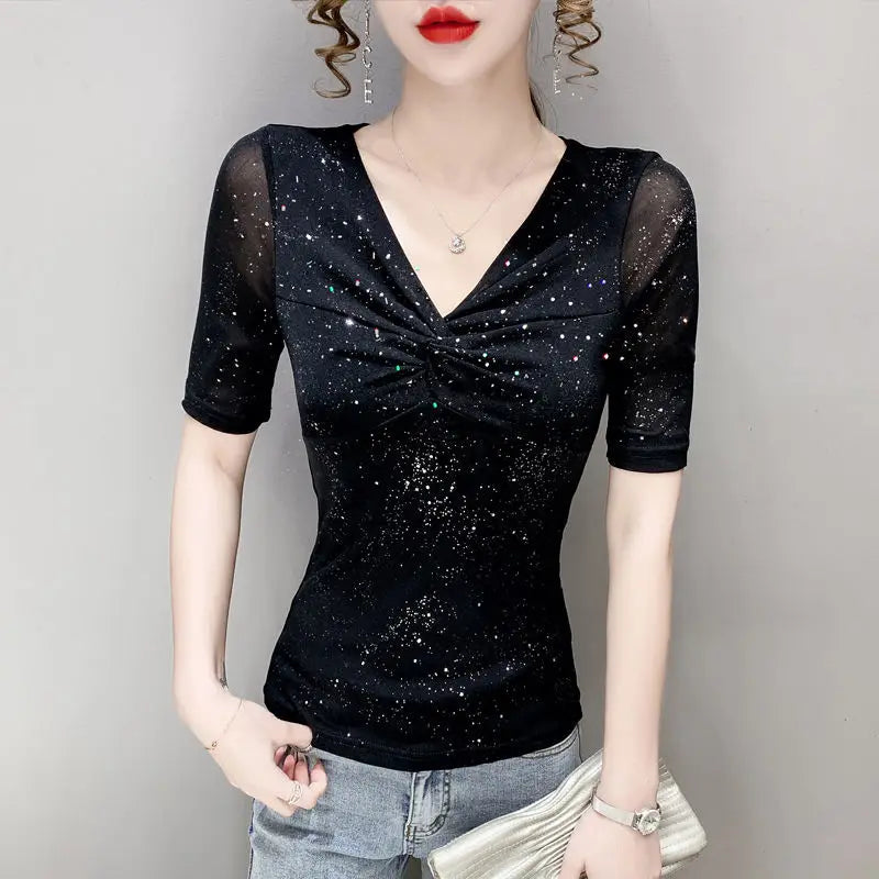 Short-Sleeved Women Mesh T-shirt Summer Shiny Pleated Silk Casual Black Bottoming Top Milanni Fashion