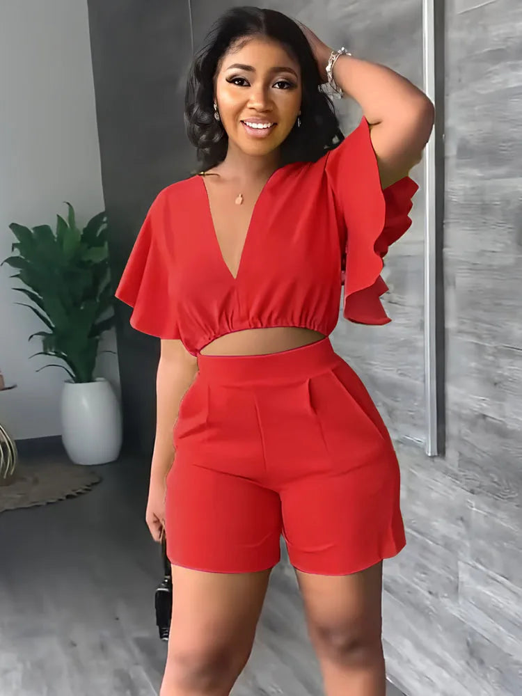 V-Neck Flounce Short Sleeve Top and Casual Shorts Office Wear Women's Summer Two Piece Set Outfit Milanni Fashion Red M