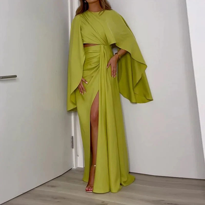 Women Elegant Solid Hollow Long Sleeve Round Neck Irregular Pleated Slit Holiday Loose Dress Maxi Dress Milanni Fashion green XL 