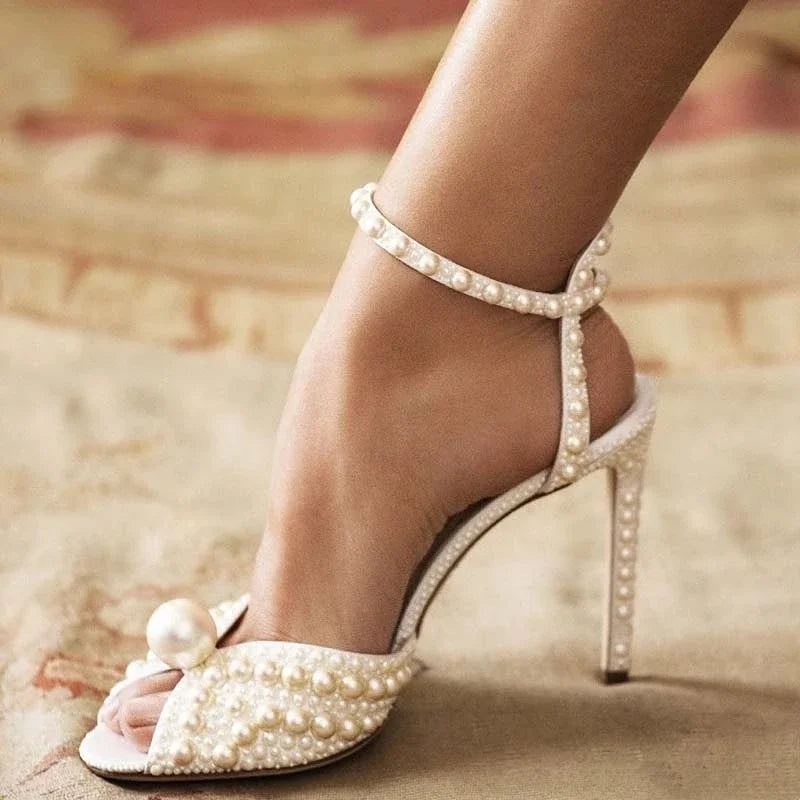 Fashion Pearl Studded Luxury Peep Toe High Heels Buckle Women Sandals Elegant Stylish Footwear Milanni Fashion