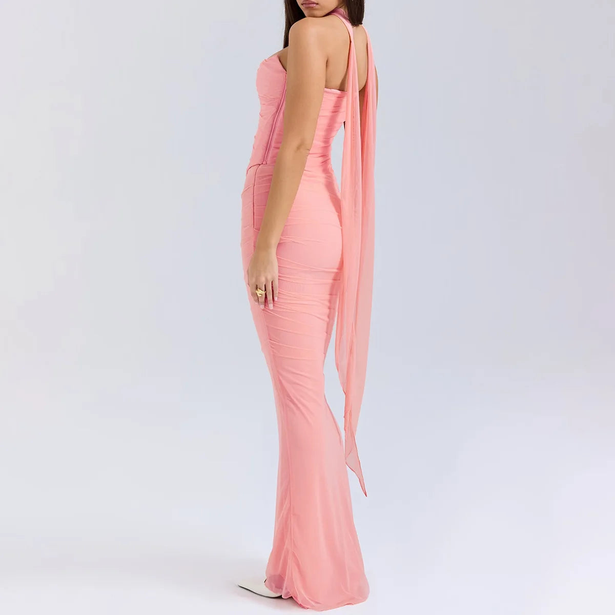 Pink Strapless Corset Top and Maxi Skirt Elegant Mesh Dress Sexy Two-Piece Set for Women Stylish Outfit Milanni Fashion