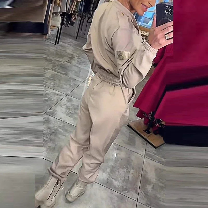 Solid Long Sleeve Combination Commuter Single Breasted Waisted Slim Jumpsuit for Women Milanni Fashion Khaki XXL