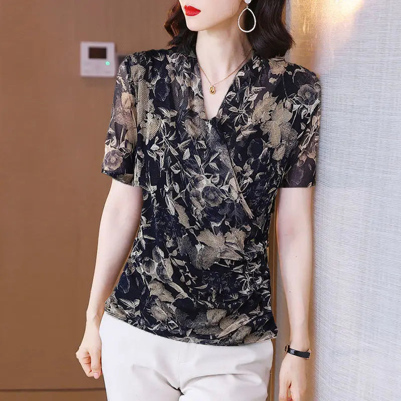 Summer Vintage Floral Shirt Women's V-Neck Slim Spliced Short Sleeve Casual Blouse Milanni Fashion