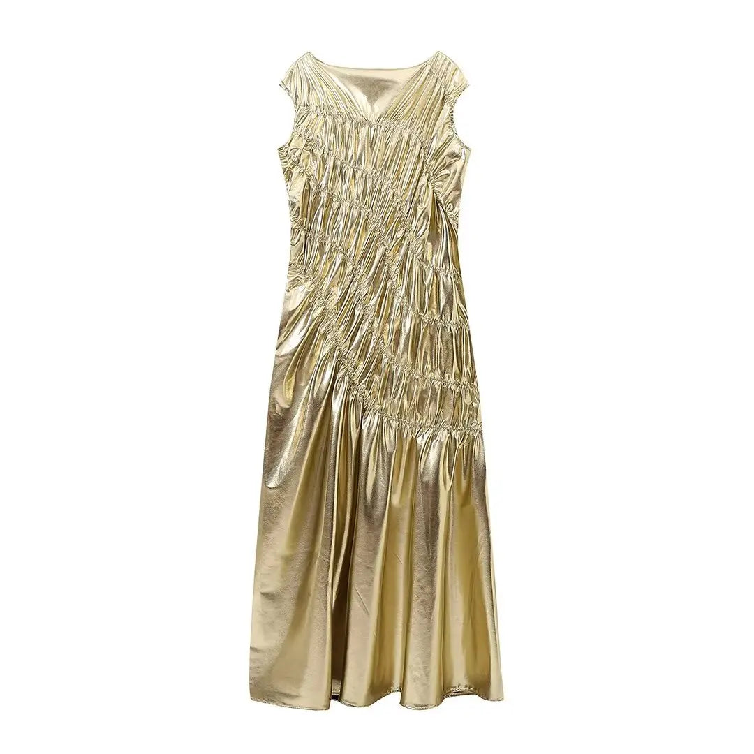 Fashionable High-End Slim Fit Gold Pleated Sleeveless Dress 2024 Autumn European And American Style Maxi Dress Milanni Fashion   