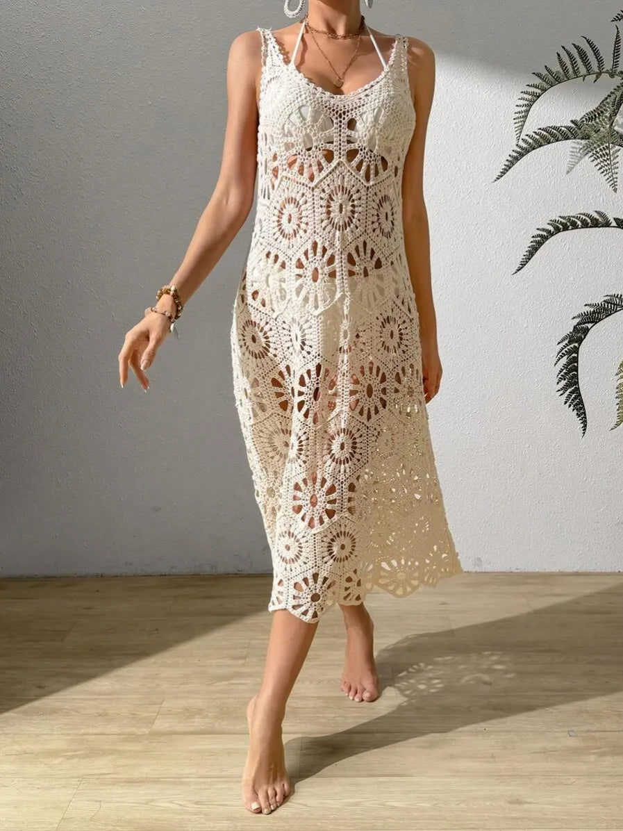 3D Flower Knitted Sling Long Dress Women Sexy Deep V-neck Sleeveless Lace Up Beach Dress  Milanni Fashion   