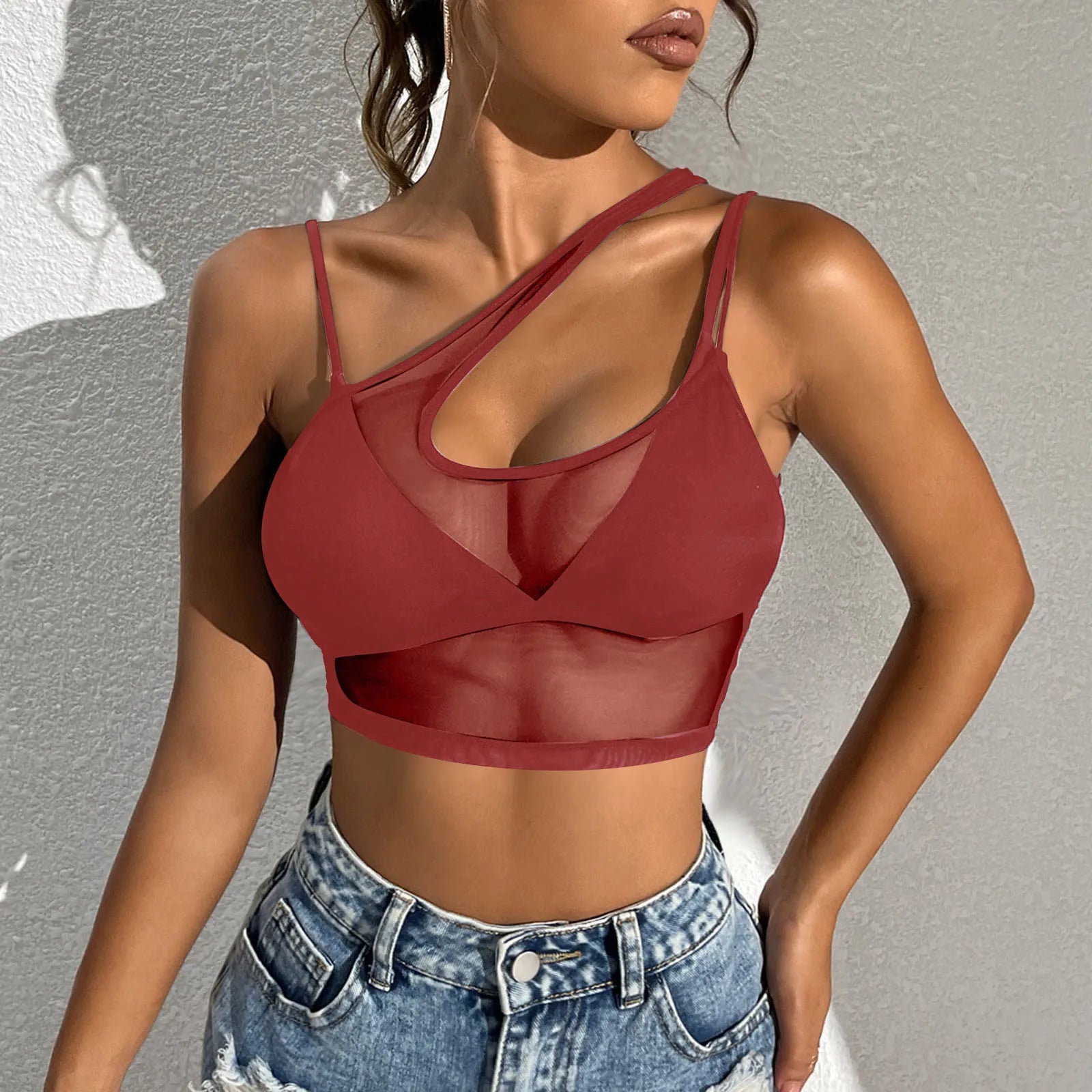 Sexy Women Sheer Mesh Top Spaghetti Strap Hollow Out Sports Tees Slim See-through Transparent Crop Tops  Milanni Fashion   