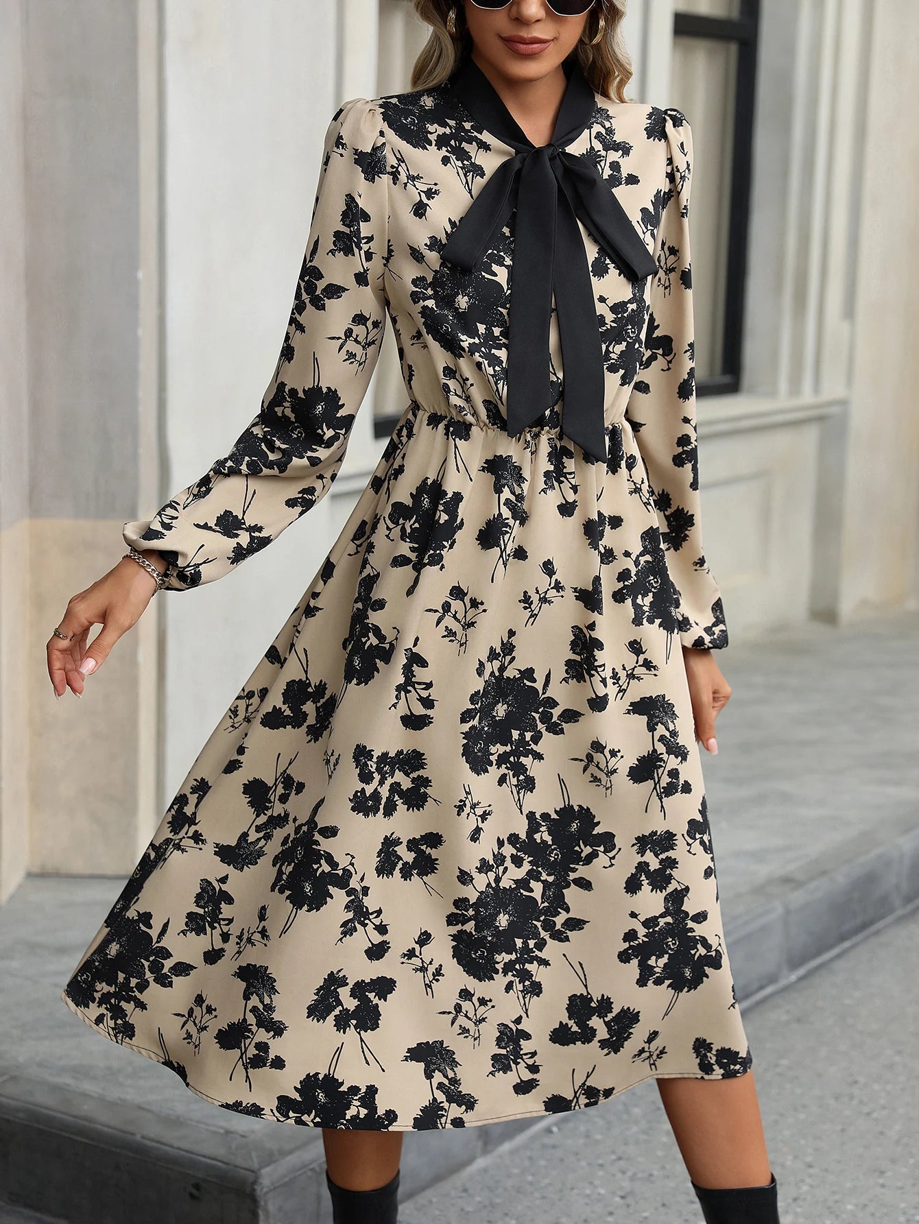 Fashionable Elegant Floating Collar Printed Waist Cinched A-line Long Sleeve Dress for Women Milanni Fashion