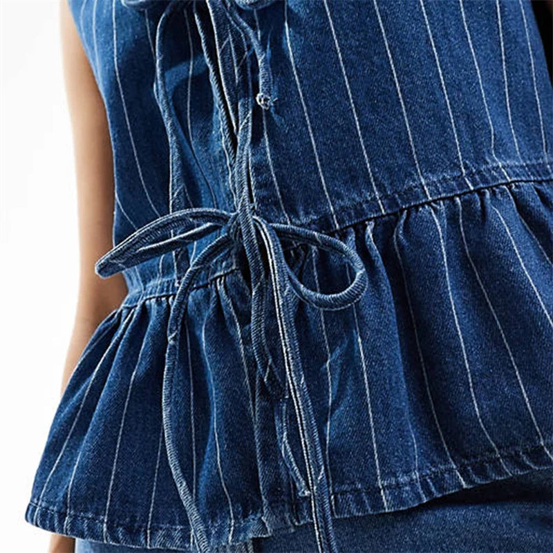 Striped Round Neck Tie Front Sleeveless Ruffle Hem Top Women Casual Fashionable Jeans Blouse Summer Outfit Milanni Fashion