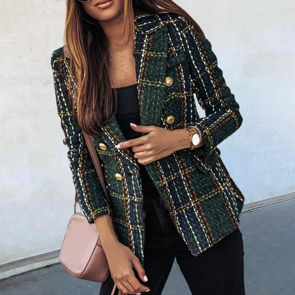 Blazer Plaid Print Lapel Long Sleeves Autumn Blazer Thick Double-Breasted Cardigan Stylish Outerwear Milanni Fashion