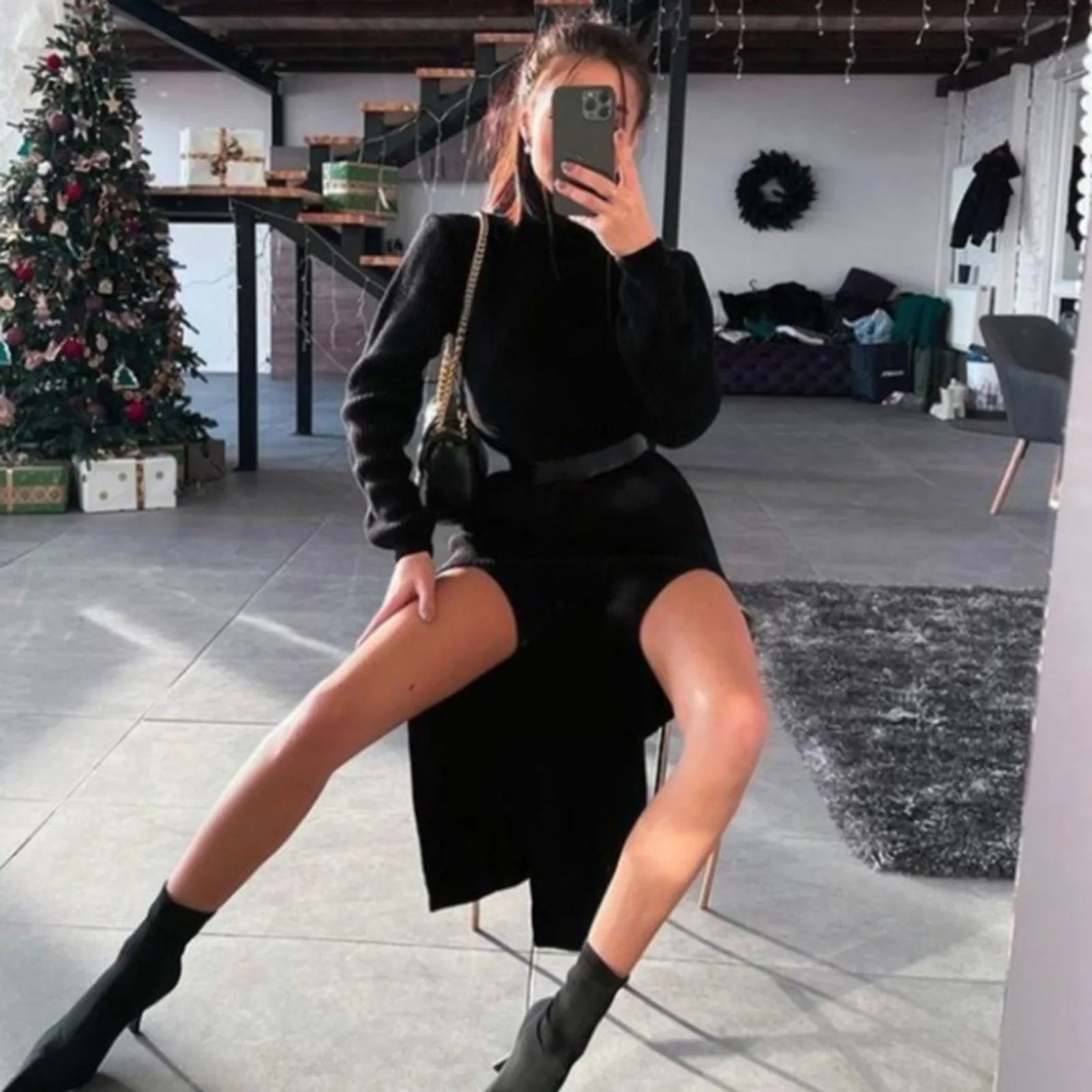 Sexy Bodycon Slit Knitted Sweater Dress Long Sleeve Turtleneck High Split Thigh Woolen Sweater Dress  Milanni Fashion Black L CN