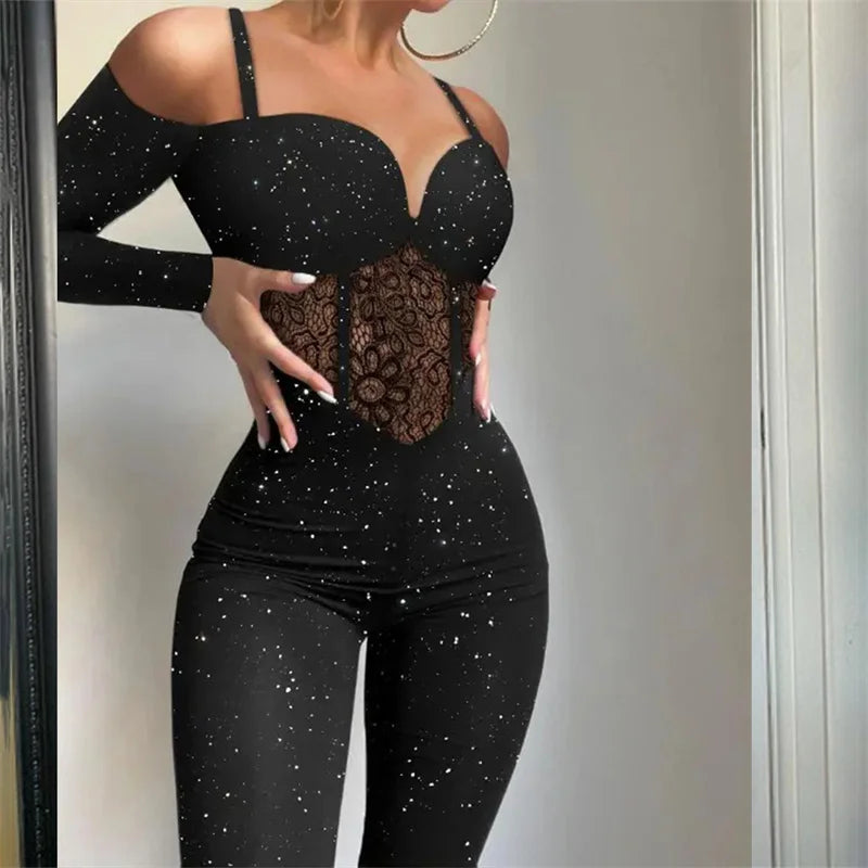 Lace See-Through Suspenders Long Sleeve Jumpsuit for Women Sexy Off-The-Shoulder Slim Glitter Romper Milanni Fashion