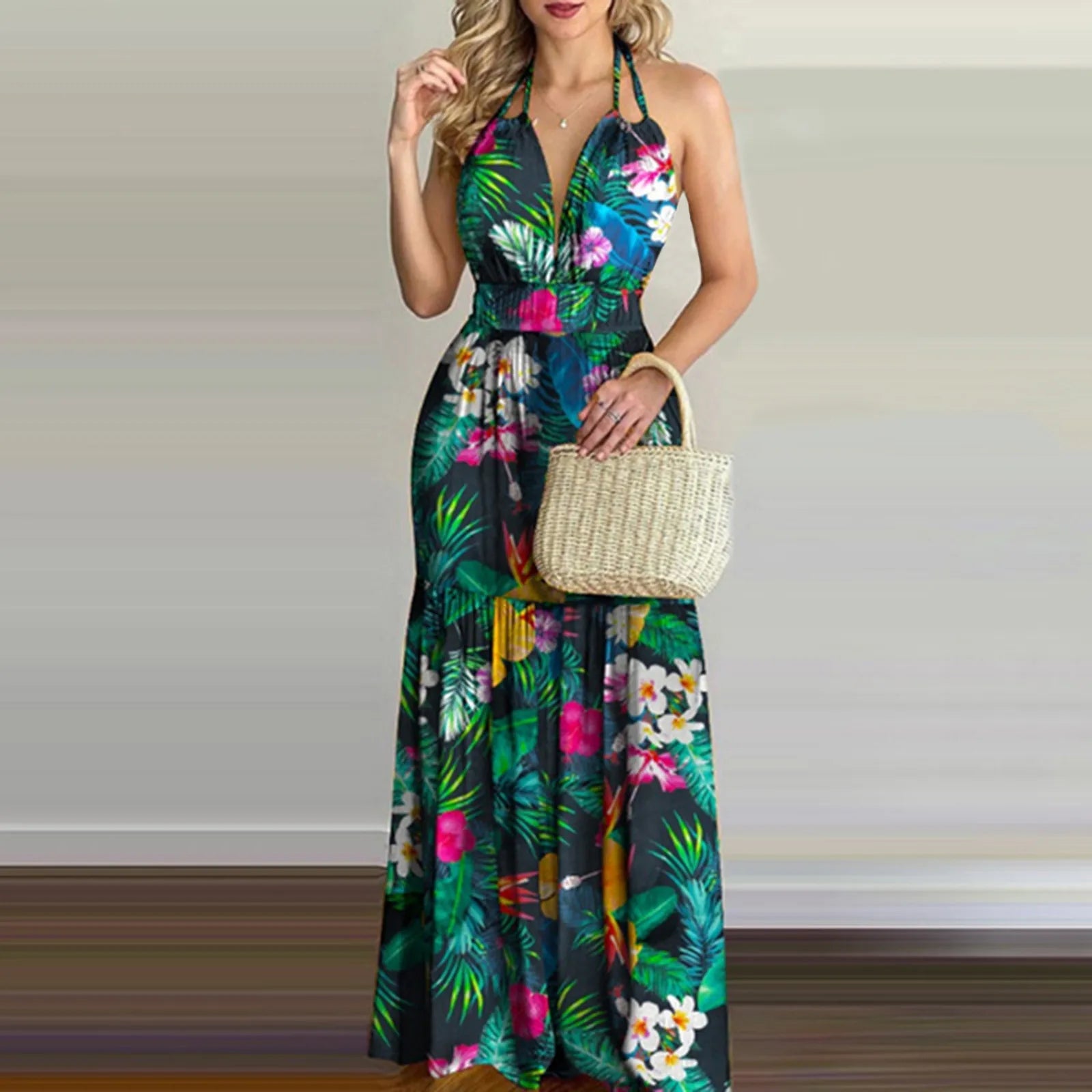 Bohemian Floral Casual Dress Sexy Backless Halter Strapless Beach Sundress Maxi Dress Milanni Fashion   