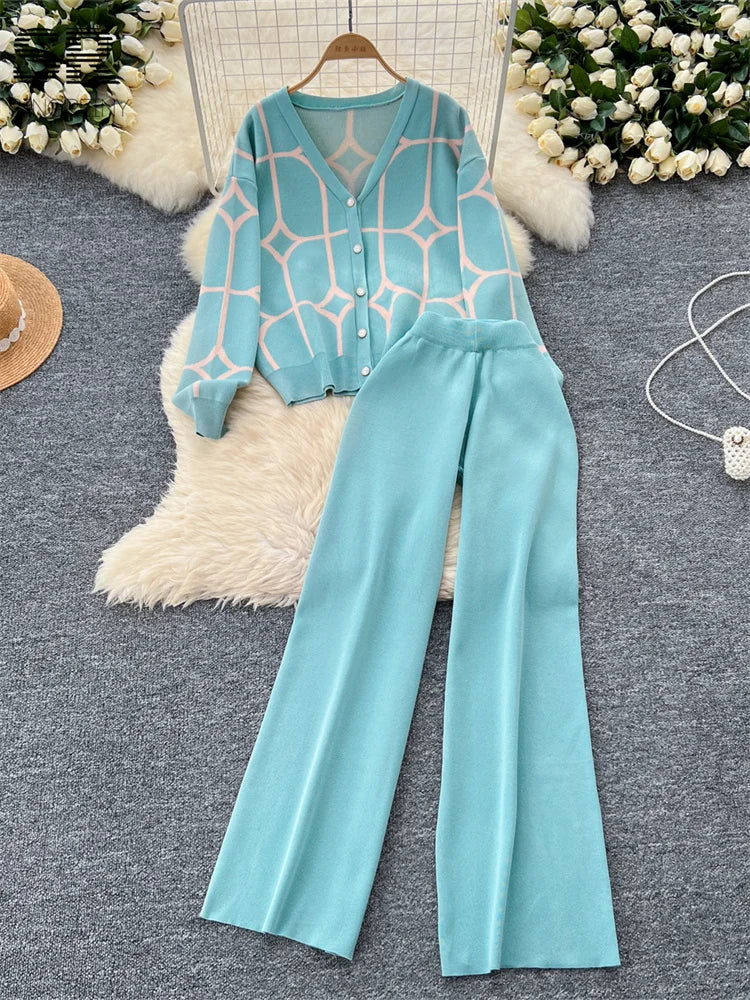 Single Breasted Cardigan and Wide Leg Long Pants Fashion Suit Knitted Two Piece Set Stylish and Comfortable Milanni Fashion Green One Size