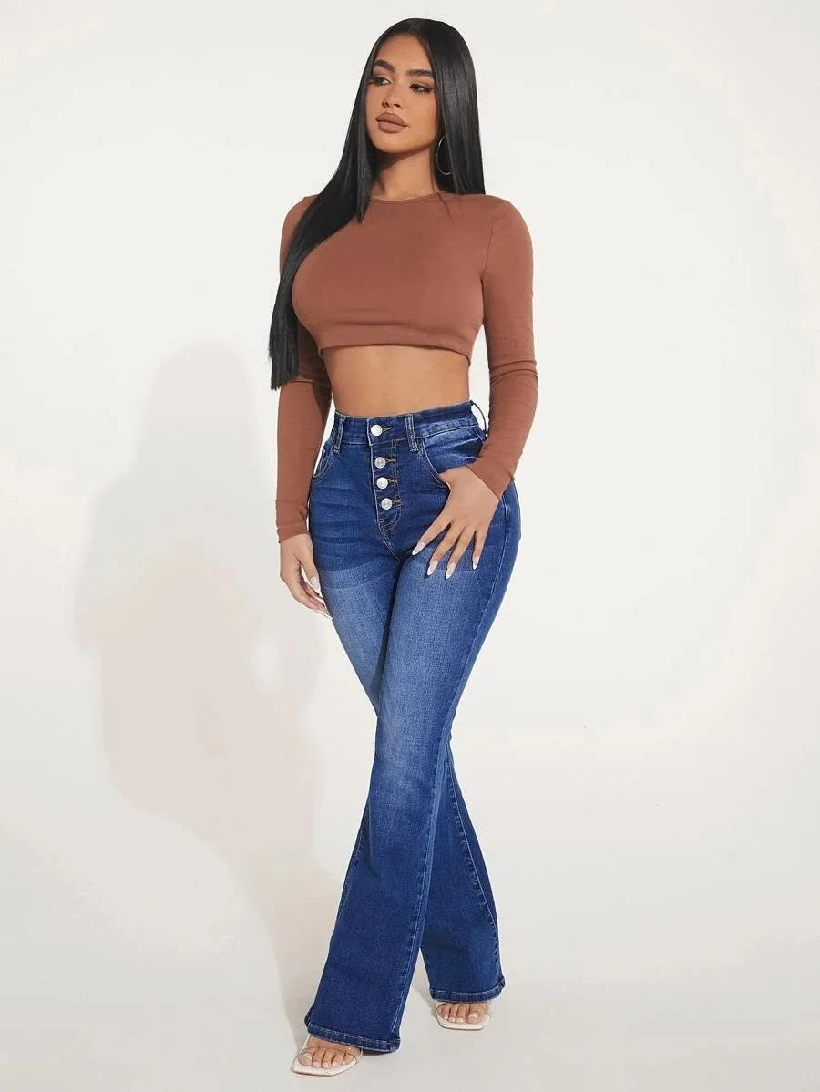 High-Waist Bootcut Jeans Flared Denim Pants with High Stretch Fashionable Trousers for Women Milanni Fashion