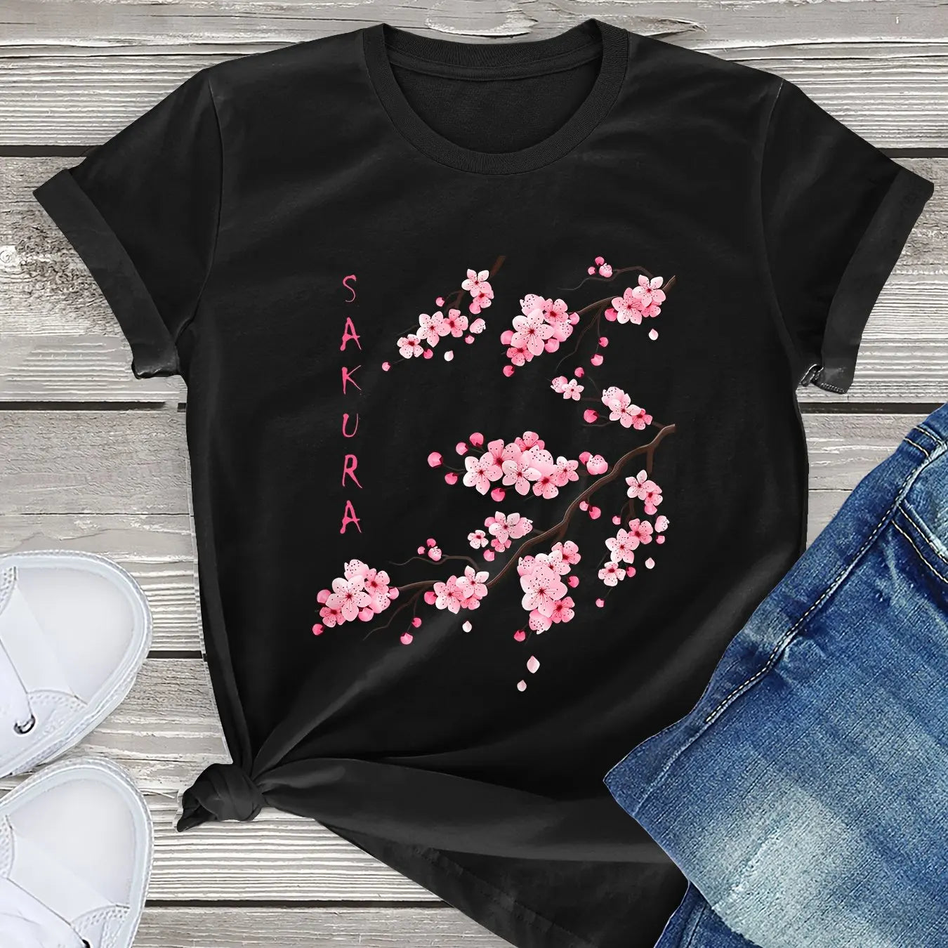 Cherry Blossom Print T-Shirt Casual Crew Neck Short Sleeve Top for Women Trendy and Stylish Milanni Fashion Black L