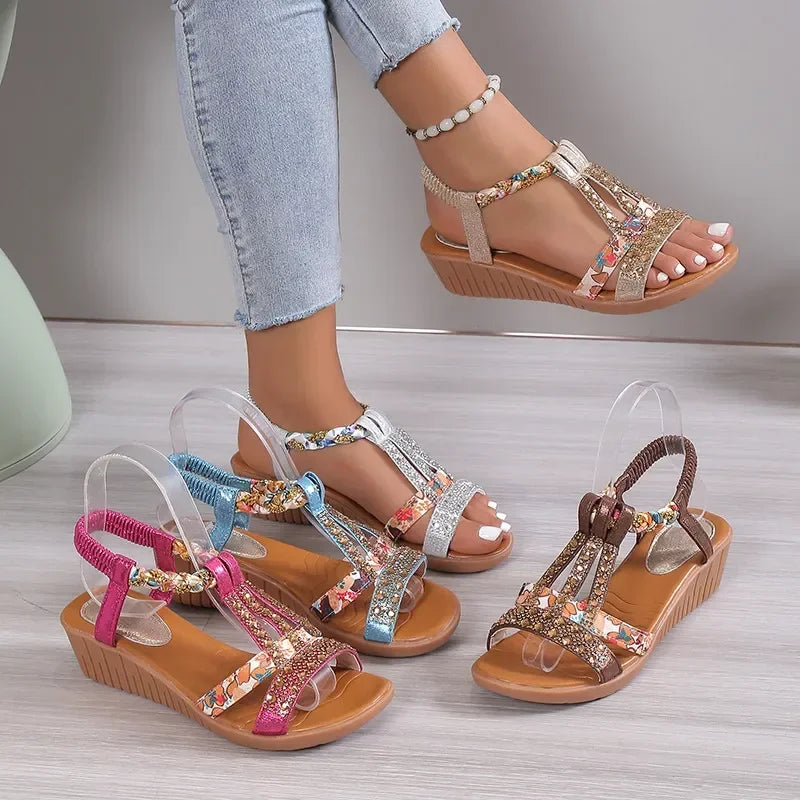 Bohemian Wedge Sandals Summer Rhinestones Casual Platform Peep Toe Outdoor Beach Shoes for Women Milanni Fashion