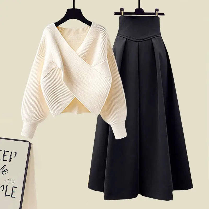 Cover Slim Sweater and Long Skirt Two-piece Set - Women's Spring Suit  Milanni Fashion Beige and black XL  60-70KG CHINA