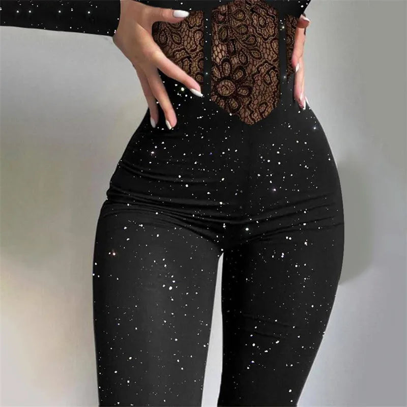 Lace See-Through Suspenders Long Sleeve Jumpsuit for Women Sexy Off-The-Shoulder Slim Glitter Romper Milanni Fashion