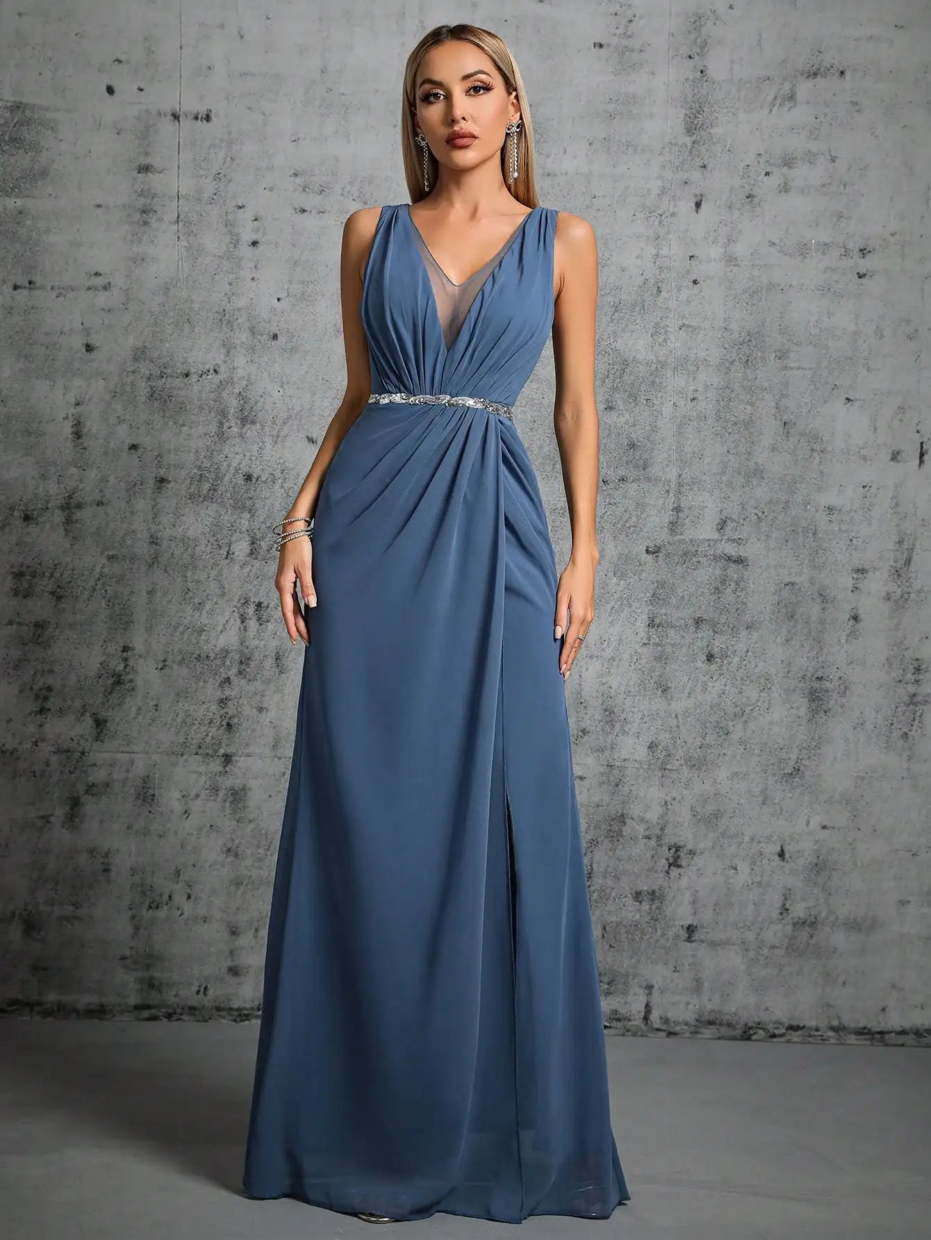 Deep V-neck Silver Sequin Belt Pleated Chiffon Slit Skirt Evening Gown Ball Dress Maxi Dress Milanni Fashion Blue XL 