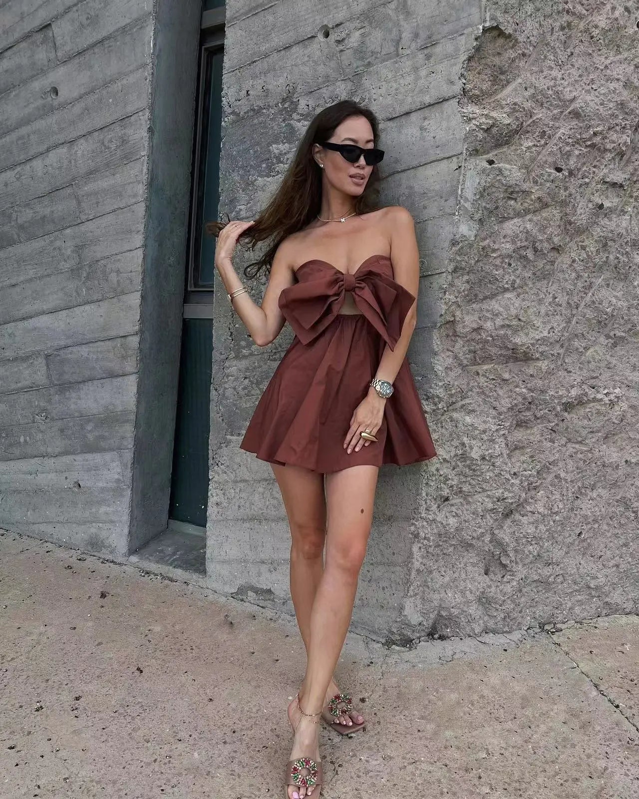 Bow Open Design Short Tube Top Dress - European And American Street Style  Milanni Fashion   