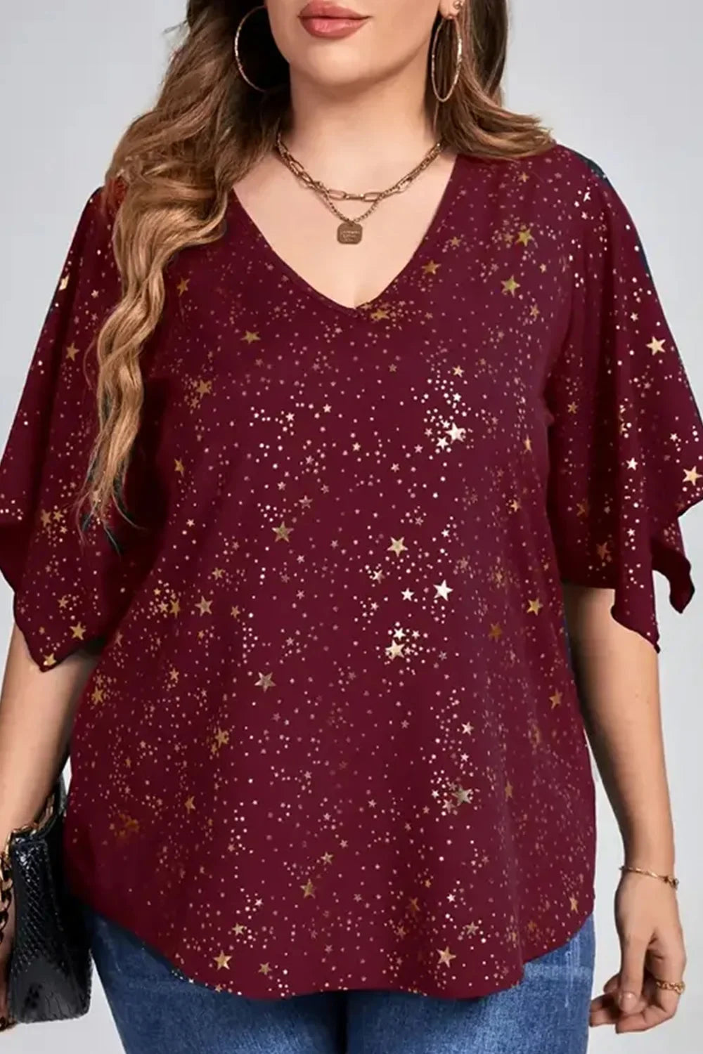 Plus Size Christmas Burgundy Sparkly Bronzing Print V Neck Blouse Half Sleeve Loose Top Milanni Fashion