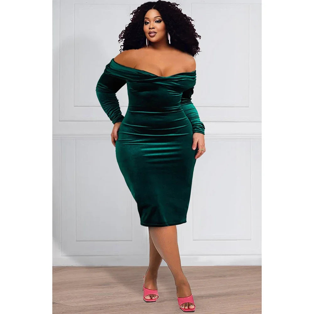 Plus Size Semi Formal Midi Dress Elegant Fall Winter Off Shoulder 3/4 Sleeve Velvet Evening Dress Milanni Fashion Green XL