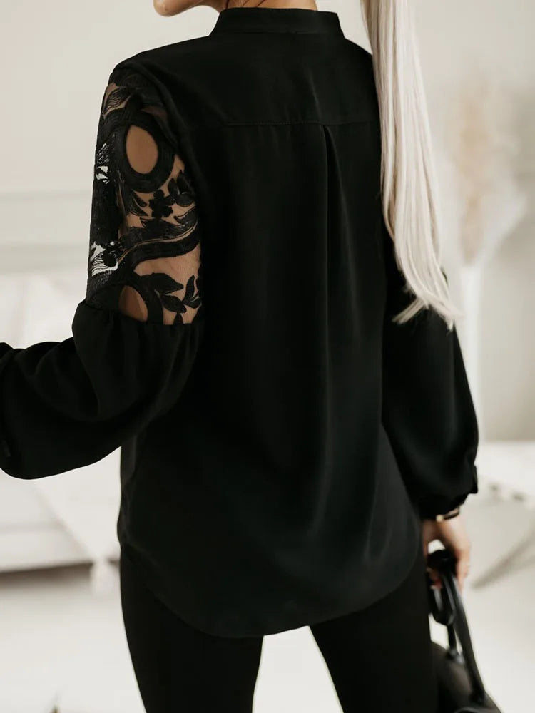 Lace Patchwork Hollow Out Shirt Women's Fashion Long Sleeve Top Stylish and Elegant Casual Wear Milanni Fashion