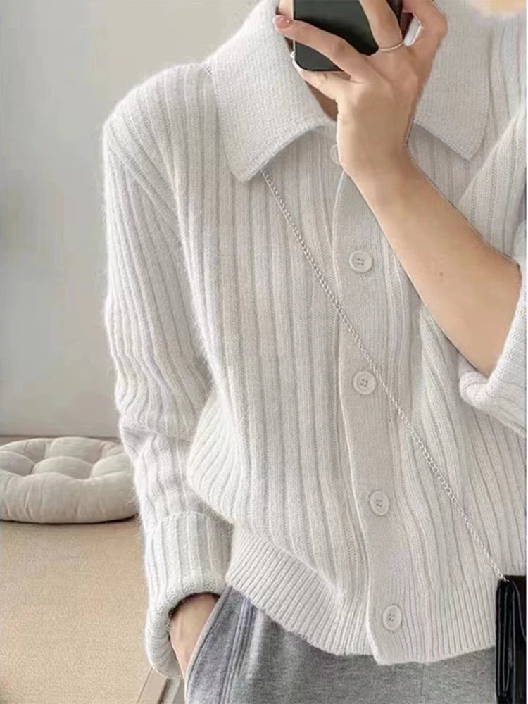 Autumn and Winter New Cashmere Sweater Women's Clothing Long Sleeved Top 100% Wool POLO Collar Knitted Cardigan  Milanni Fashion WHITE S 