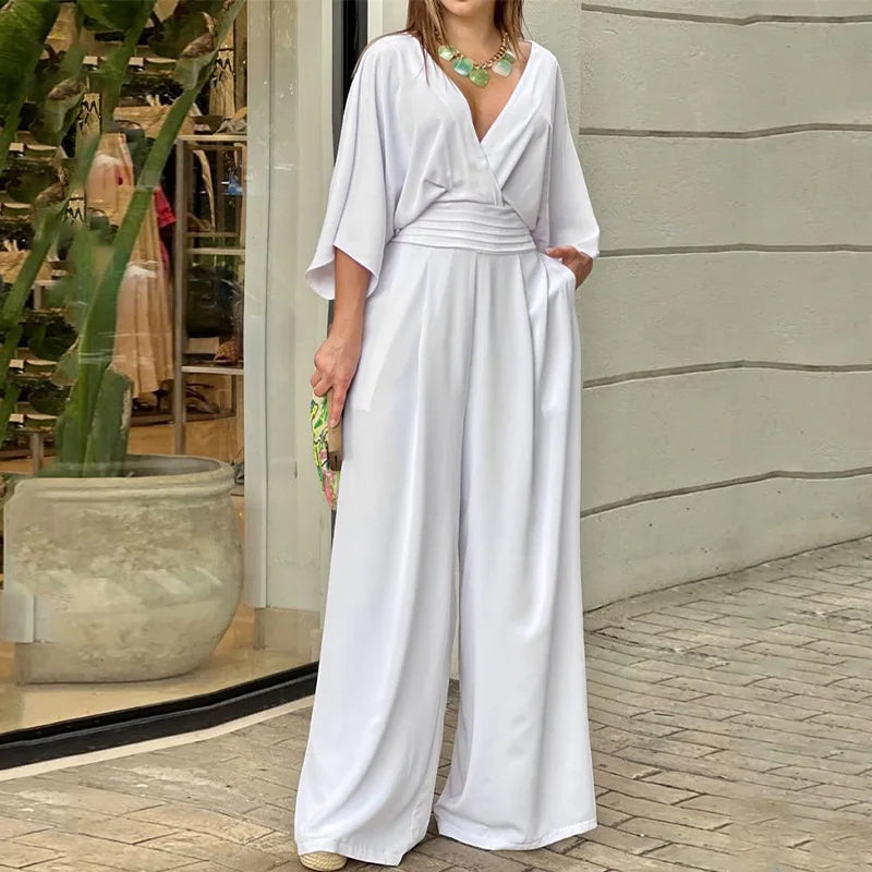 Loose Short-sleeved V-neck High Waist Solid Color Casual High Street Fashion Elegant Jumpsuit for Women Milanni Fashion White XXXL