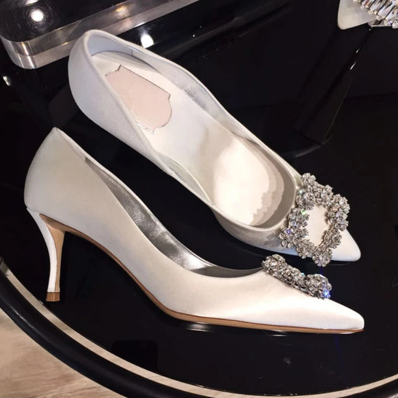 Luxury Rhinestone Pointed Toe Stiletto Heel Women Satin Designer Shoes Elegant Crystal Wedding Pumps Milanni Fashion