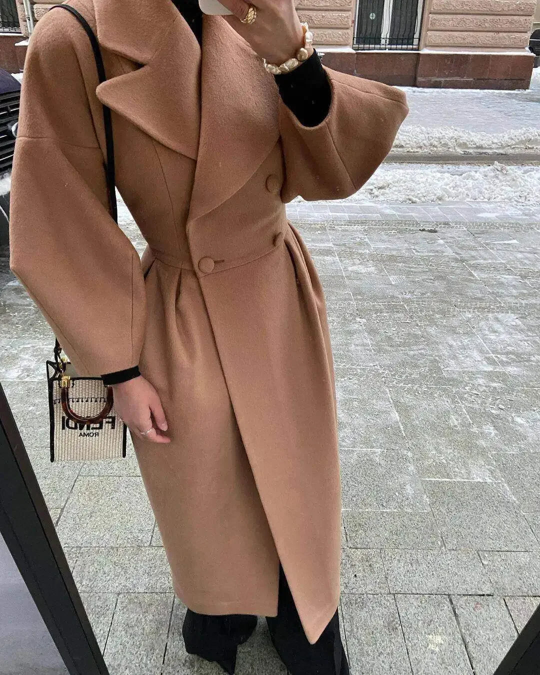 Solid Woolen Blend Overcoat Thick Lapel Double-Breasted Long Sleeve Fashionable Winter Jacket Milanni Fashion