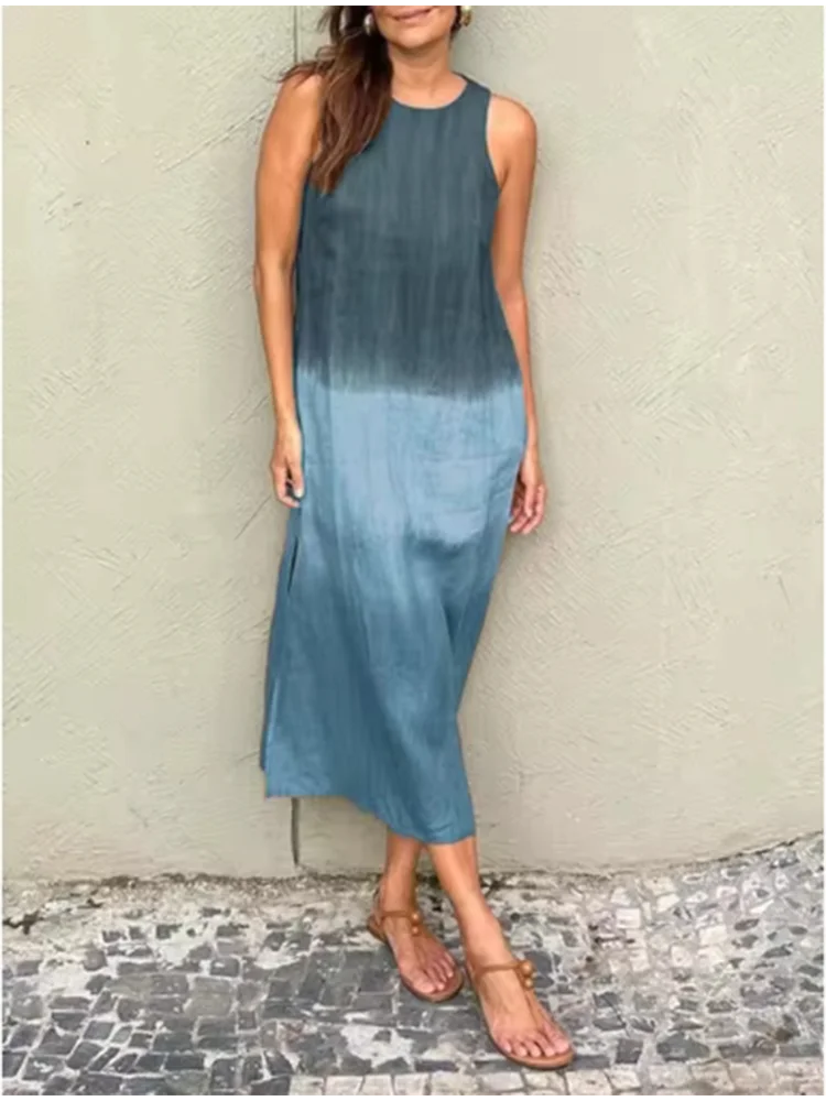 Elegant Gradient Dress Women's o Neck Sleeveless Dress Fashion Loose Vacation Dress Maxi Dress Milanni Fashion Blue XXXL 