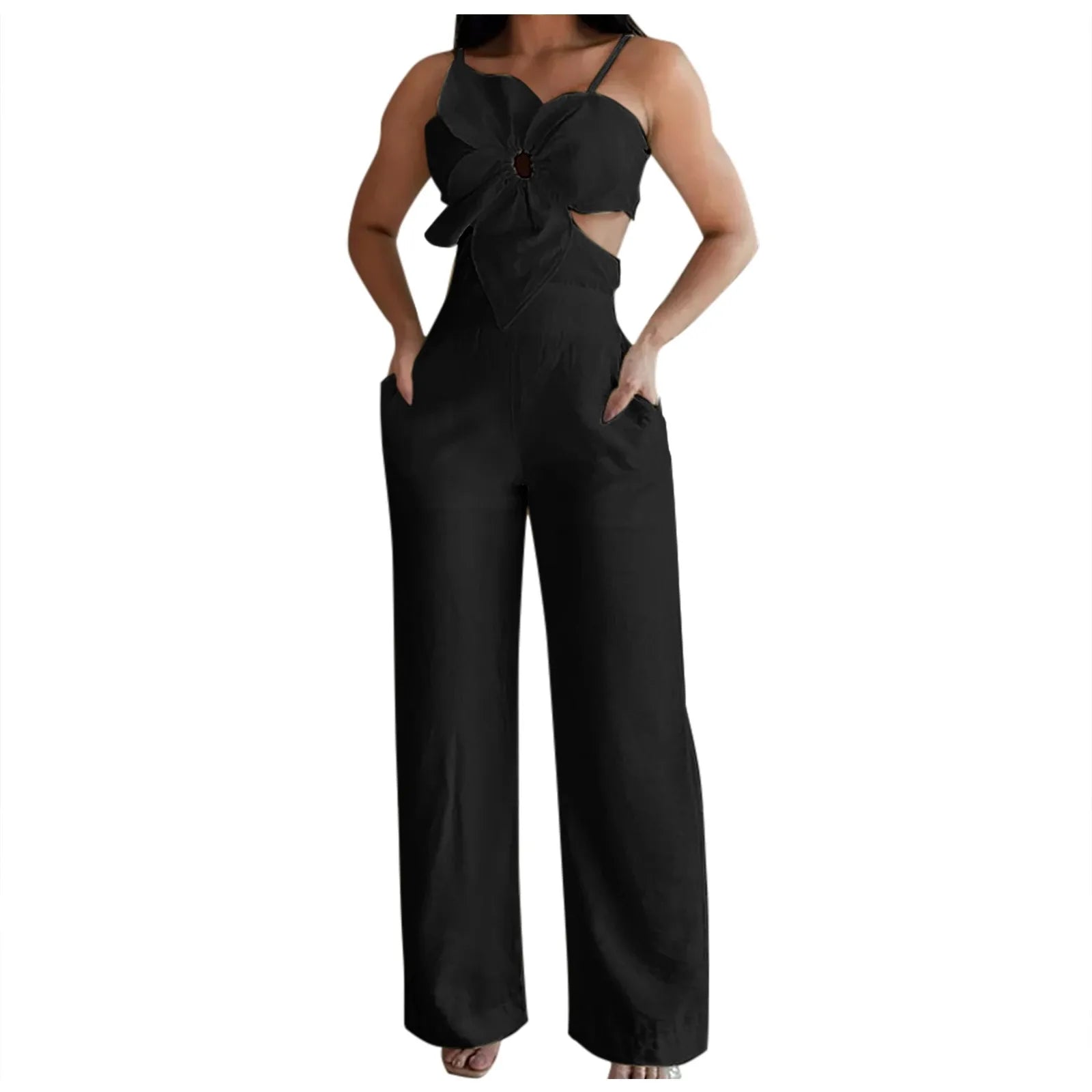 Suspender Jumpsuit Fashion Sleeveless Overalls Elegant Hollow Wide Leg Romper Casual Solid Long Jumpsuit Milanni Fashion