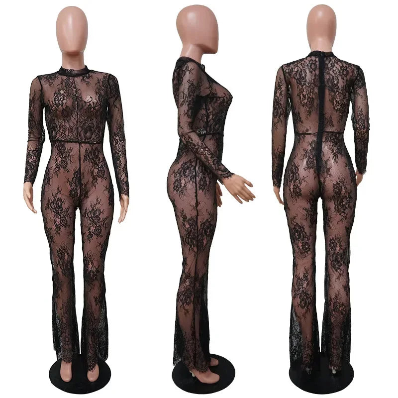 Black Lace Sheer Sexy Night Club Long Sleeve One-Piece Wide Leg Jumpsuit for Women Summer Outfit Milanni Fashion