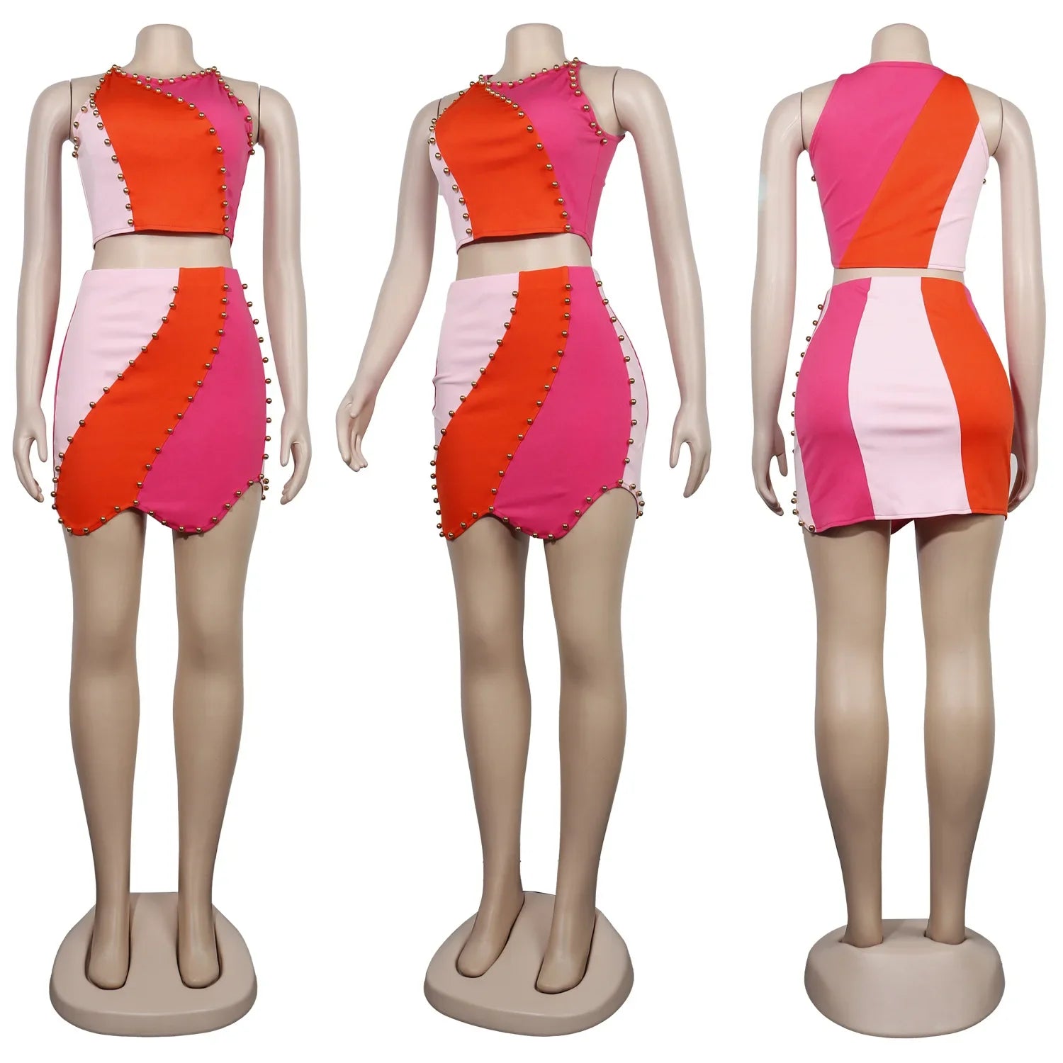 Beaded Colorblocked Sleeveless Tank Top and Midi Bodycon Skirt Two-Piece Set for Women Milanni Fashion