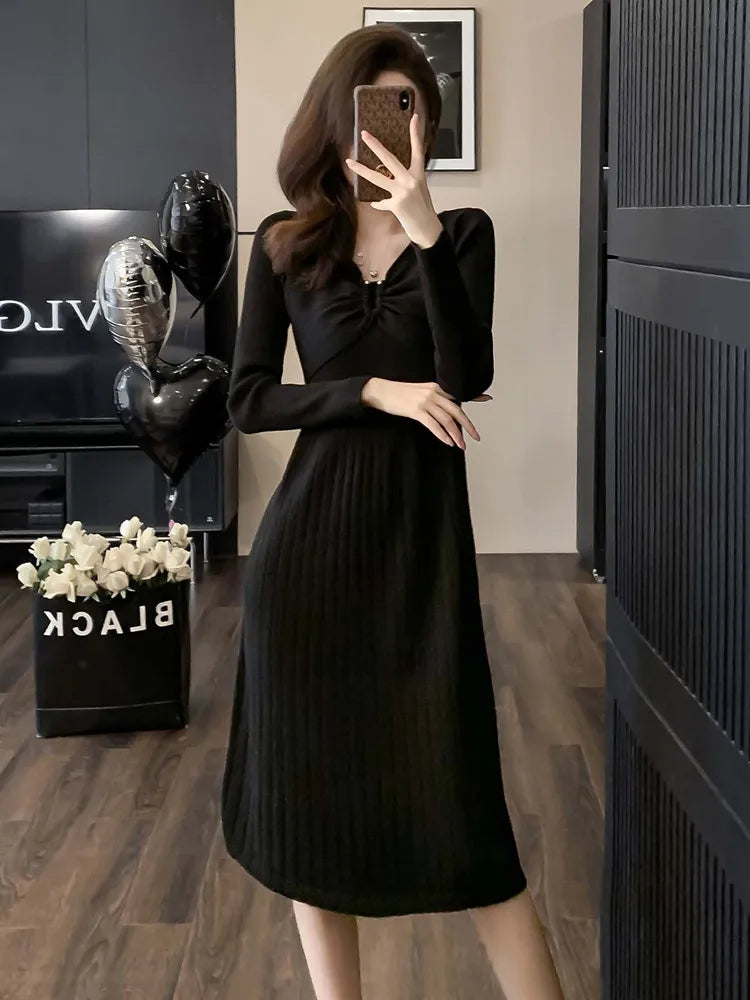 Fall Winter Casual Ribbing Knitted Sweater Dress Cross V Neck Slim Stretch A Line Knee-length Elegant Women Office Dress  Milanni Fashion   