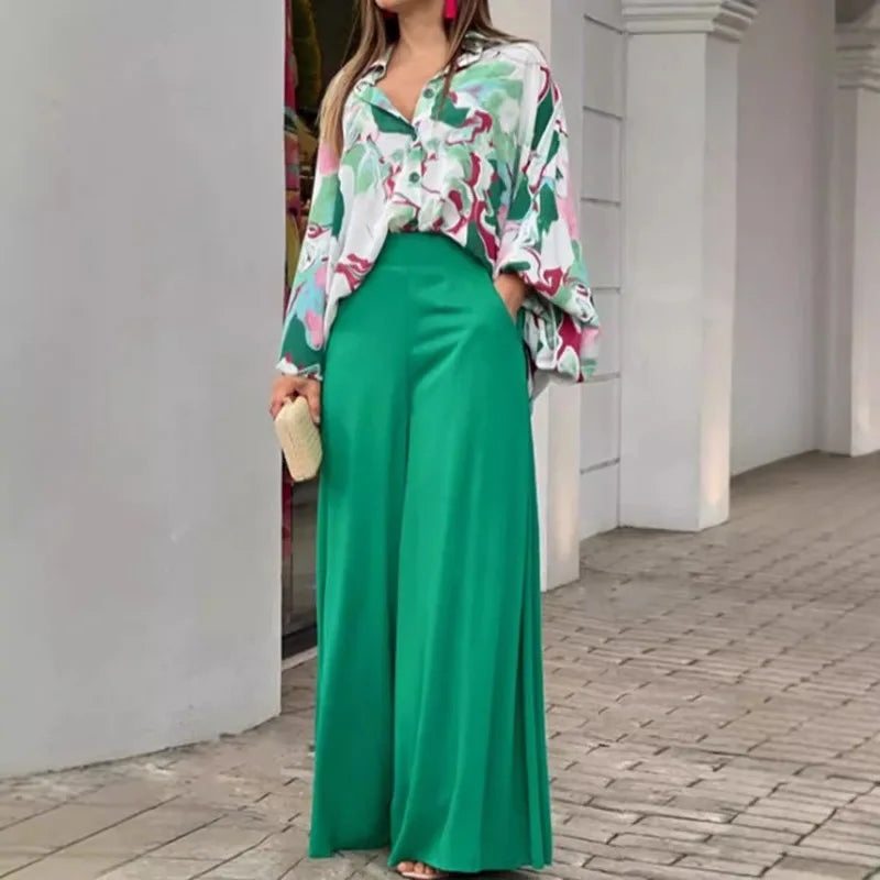 Elegant Autumn Winter Loose Print Long Lantern Sleeve Button Shirt Top Wide Leg Pant Outfit  Milanni Fashion   