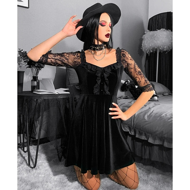 Gothic Lace Splicing Dress Women's Dark Style Directional Design Trendy Short Dress Milanni Fashion